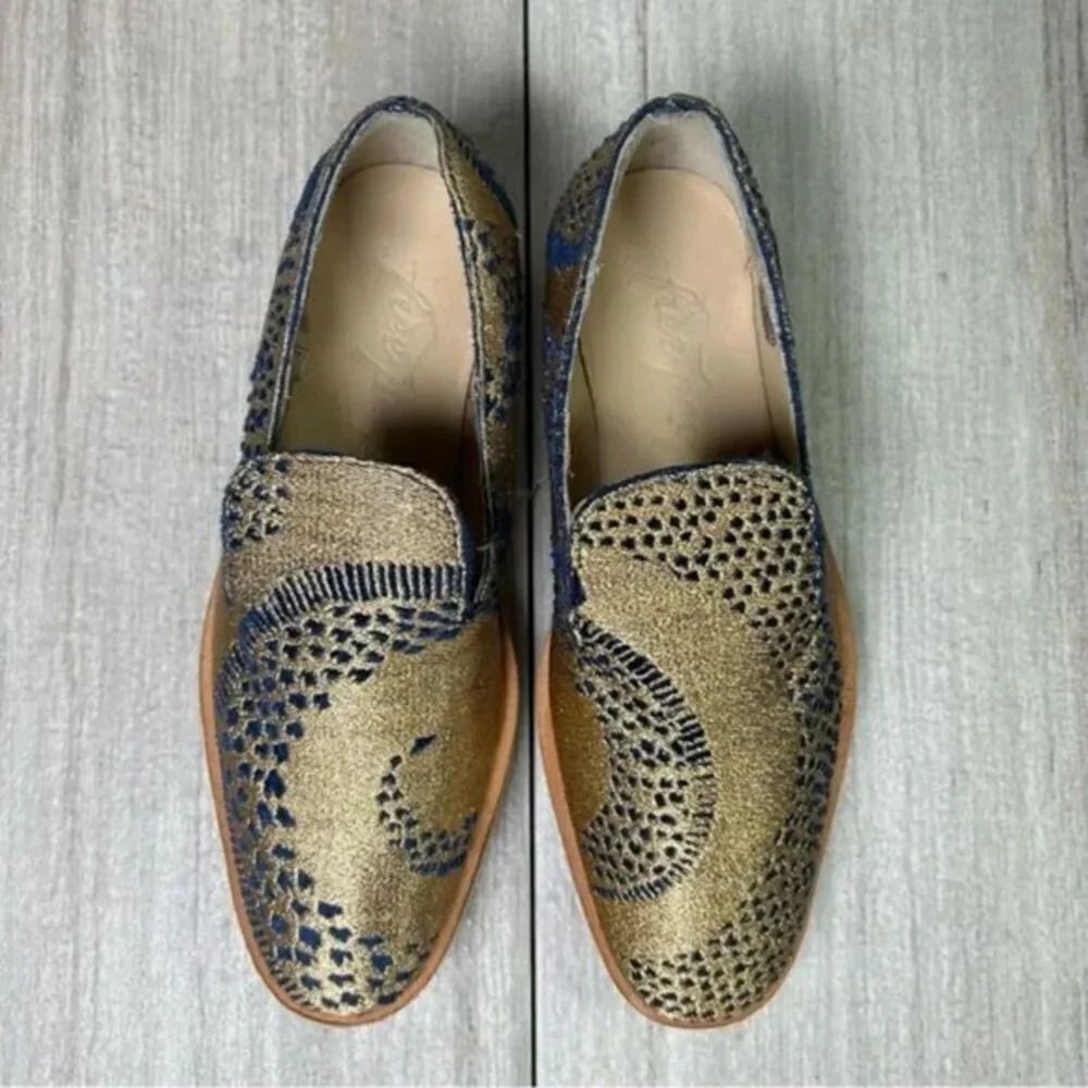 Free People Snake Eyes Metallic Gold Blue Fabric Flat Loafer Women’s Size 7 37